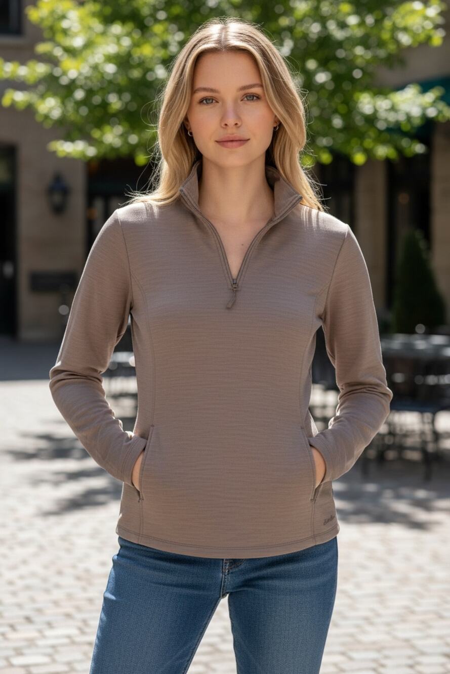 EDDIE BAUER Pullover Top Size L Tan Brown Thumbholes Pockets